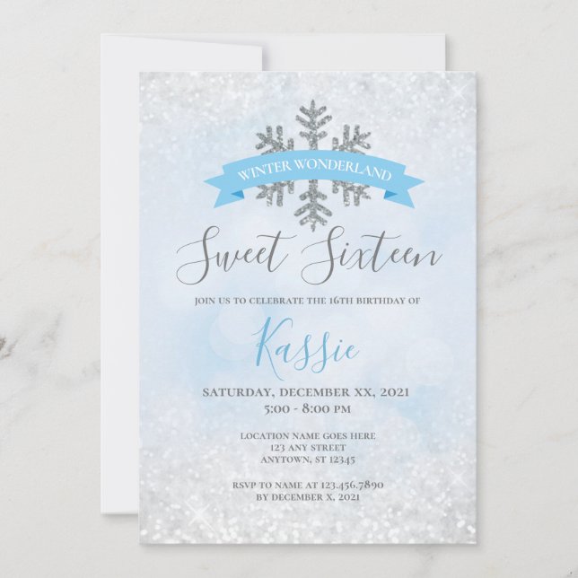 Winter Wonderland Blue Silver Sweet 16 Birthday Inbjudningar (Framsida)