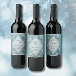 Winter Wonderland Blue Snowy Romantic bröllop Vinflaska Etikett