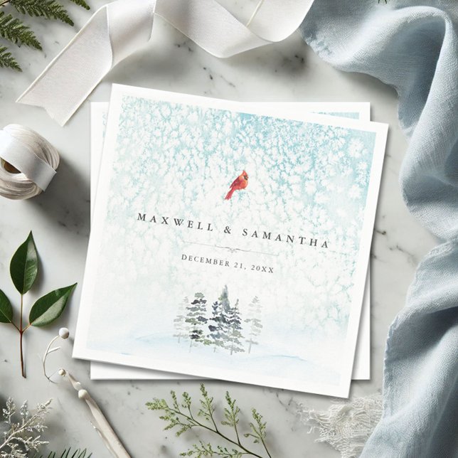 Winter Wonderland Bröllop Pappersservett (Personalized winter wedding napkins watercolor country pine trees and snow in shades of blue)