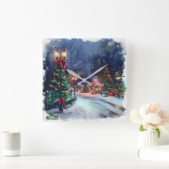 Winter Wonderland Christmas Village Wall Clock  Fyrkantig Klocka (Hem)