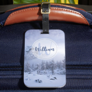 Winter wonderland dimspruce forest snö monogram bagagebricka