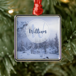 Winter wonderland dimspruce forest snö monogram julgransprydnad metall