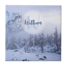 Winter wonderland dimspruce forest snö monogram kakelplatta