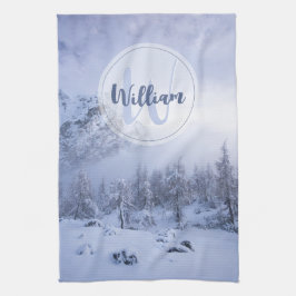 Winter wonderland dimspruce forest snö monogram kökshandduk