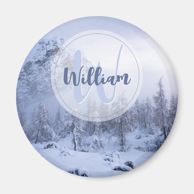 Winter wonderland dimspruce forest snö monogram magnet (Framsidan)