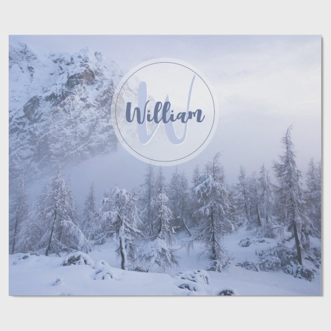 Winter wonderland dimspruce forest snö monogram presentpapper (Platt)