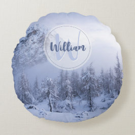 Winter wonderland dimspruce forest snö monogram rund kudde