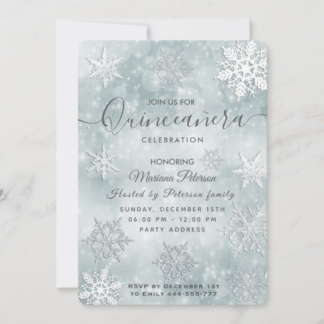 Winter wonderland dusty Blue bokeh Quinceañera Inbjudningar (Framsida)