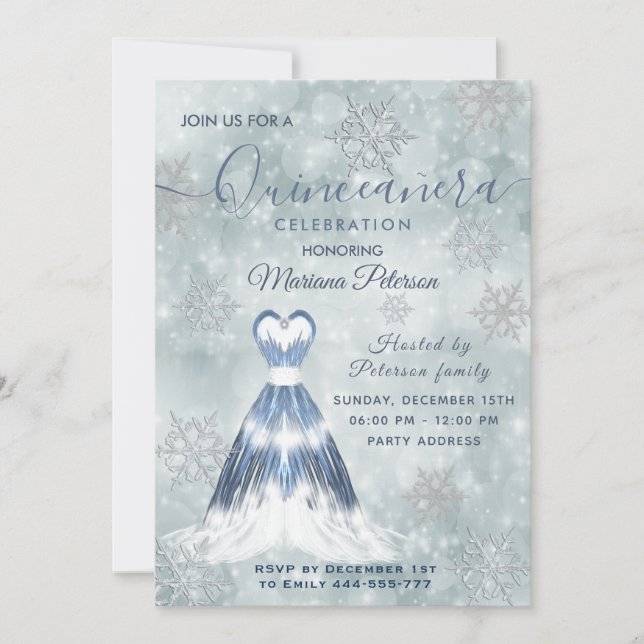 Winter wonderland dusty Blue Quinceañera Inbjudningar (Framsida)