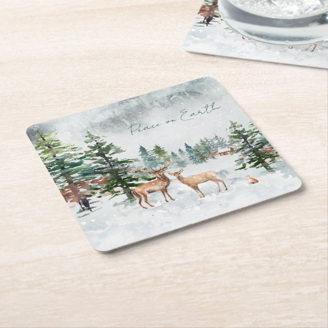 Winter Wonderland Forest Animals Peace on Earth Underlägg Papper Kvadrat (Vinklad)
