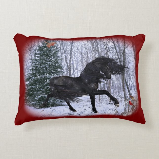 Winter Wonderland Friesian Horse Pillow Prydnadskudde (Framsidan)