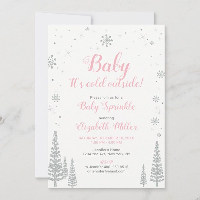 Winter Wonderland, Girl Baby Sprinkle, Rosa Silver Inbjudningar (Framsida)