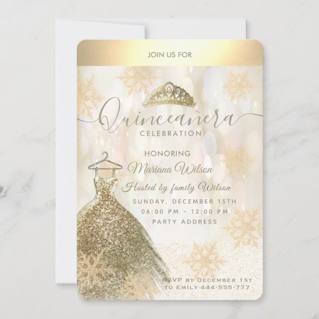 Winter wonderland Guld snowflake bokeh Quinceañera Inbjudningar (Framsida)