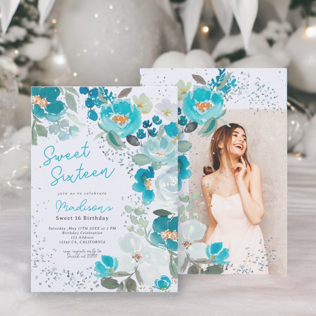 Winter Wonderland Ice blue Blommigt Sweet sixteen Inbjudningar (Winter Wonderland Ice blue Floral Sweet Sixteen Invitation)