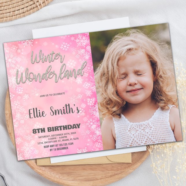 Winter Wonderland-inbjudan Rosa Silver Photo Inbjudningar (Winter Wonderland Invitations Pink Silver Photo)