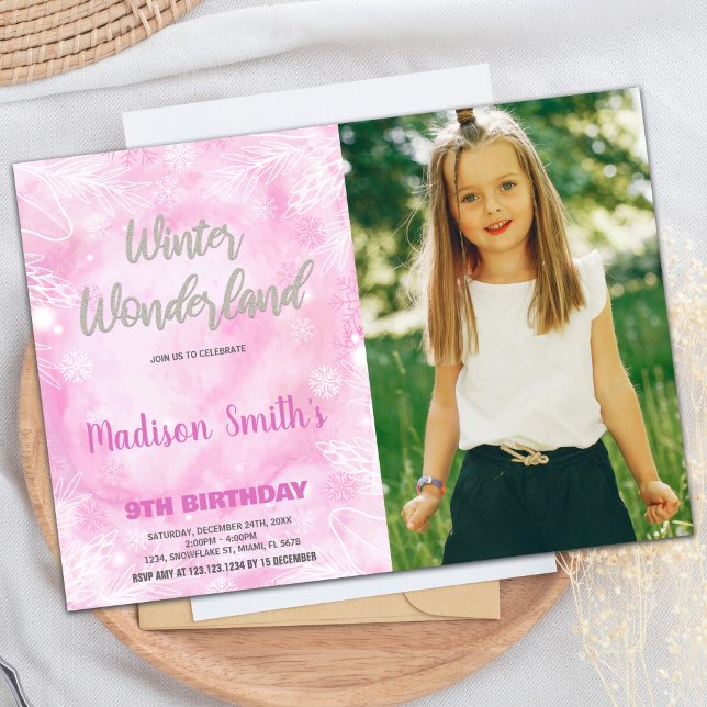 Winter Wonderland-inbjudan Rosa Silver Photo Inbjudningar (Winter Wonderland Invitations Pink Silver Photo)