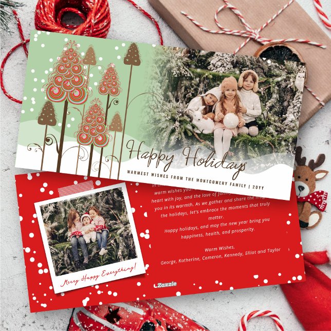 Winter Wonderland Julgranar och Snö Photo Julkort (Winter Wonderland Whimsical Christmas Trees And Falling Snow Photo Happy Holidays Card @ fat_fa_tin)