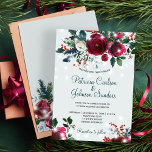 Winter wonderland ljus jul blommigt bröllop inbjudningar<br><div class="desc">Rustik vinterbröllopsmapp för säsong på en lätt dammig blå bakgrund med en vacker mörk röd burgundi och vit peony ro bouquet med jägare gräs blad, fir grenar, röd bär, vitmagnifik ljus och ett mörk grönt typografiskt skript för chic. Enkel att anpassa med dina uppgifter! Inbjudan är lämplig för elegant vinterceremonier...</div>