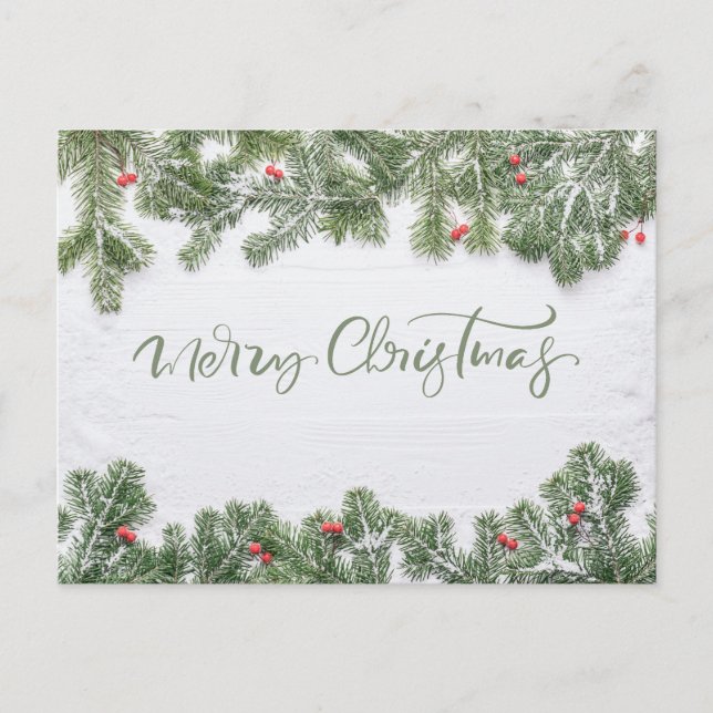 Winter Wonderland Merry Christmas Calligraphy Pine Helg Vykort (Framsida)