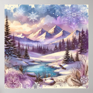 Winter Wonderland Mönster i Nature Mountain Sjö Poster