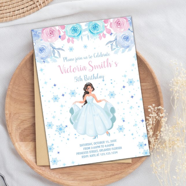Winter Wonderland Party Card Inbjudningar (Pink Floral Snow Falk Princess Birthday Invitation)