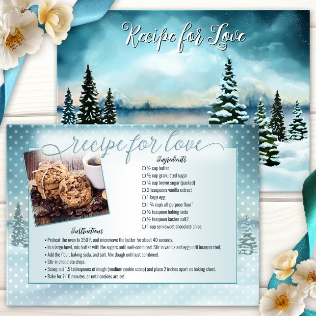 Winter Wonderland Photo Möhippa Rececipe Card (Bridal photo recipe card featuring a watercolor painting of a winter wonderland landscape)