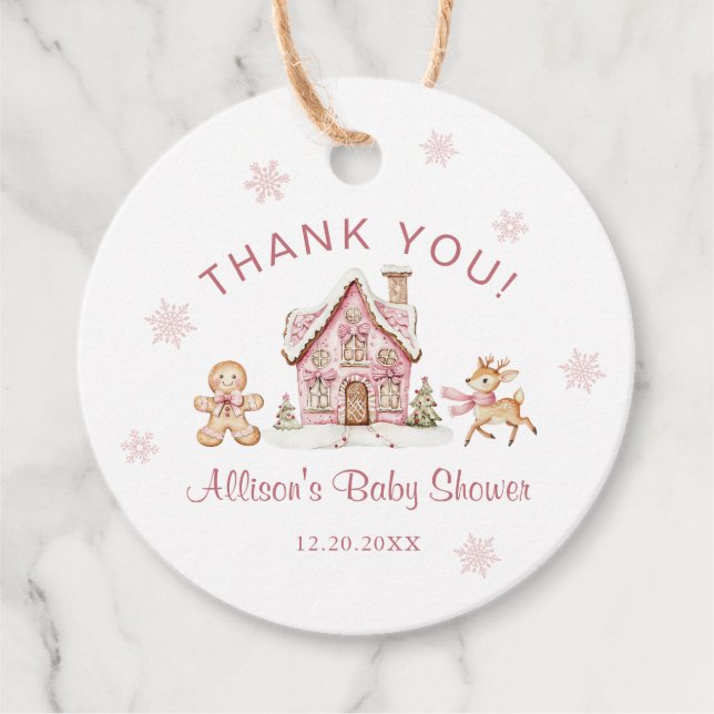 Winter Wonderland Pink Baby Shower Thank You Gåvor Etiketter (Framsida)