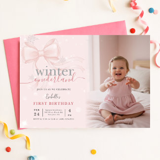 Winter Wonderland Pink Bow Photo First Birthday Inbjudningar