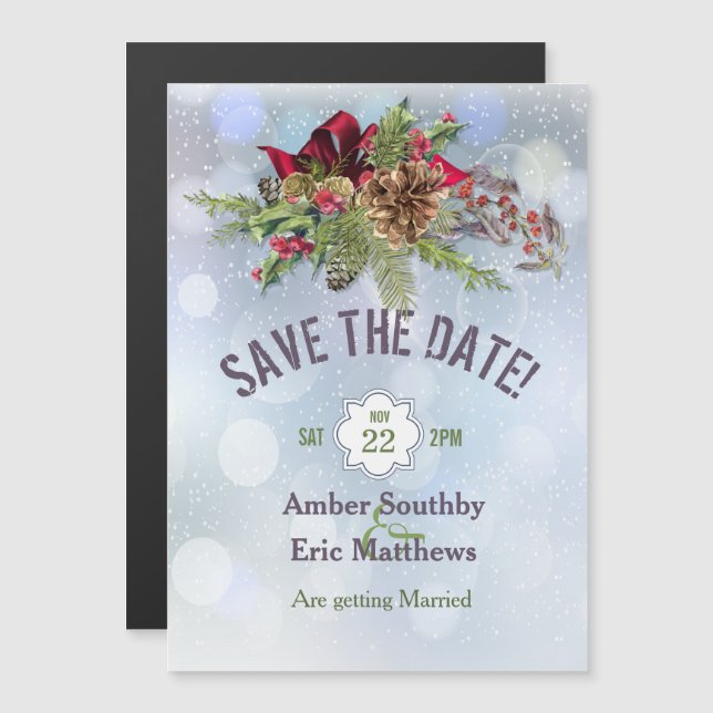 Winter Wonderland Poinsetia Magnetic Save Date Magnetisk Inbjudningskort (Fram/baksida)