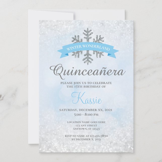 Winter Wonderland Quinceañera 15:e födelsedagen Si Inbjudningar (Framsida)