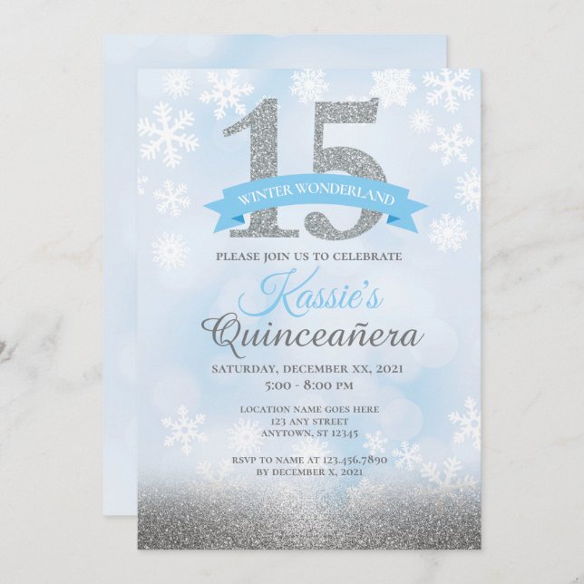 Winter Wonderland Quinceañera Silver Blue Birthday Inbjudningar (Fram/baksida)