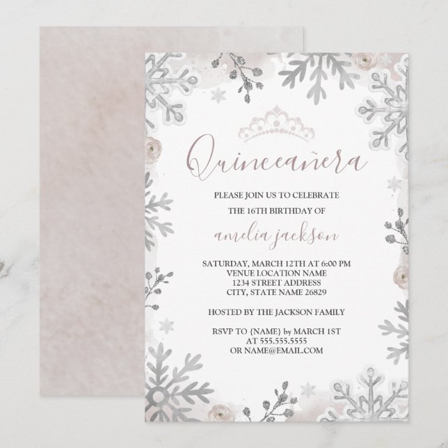 Winter Wonderland Quinceanera Silver  Inbjudningar (Fram/baksida)