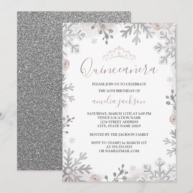 Winter Wonderland Quinceanera  Silver Inbjudningar (Fram/baksida)