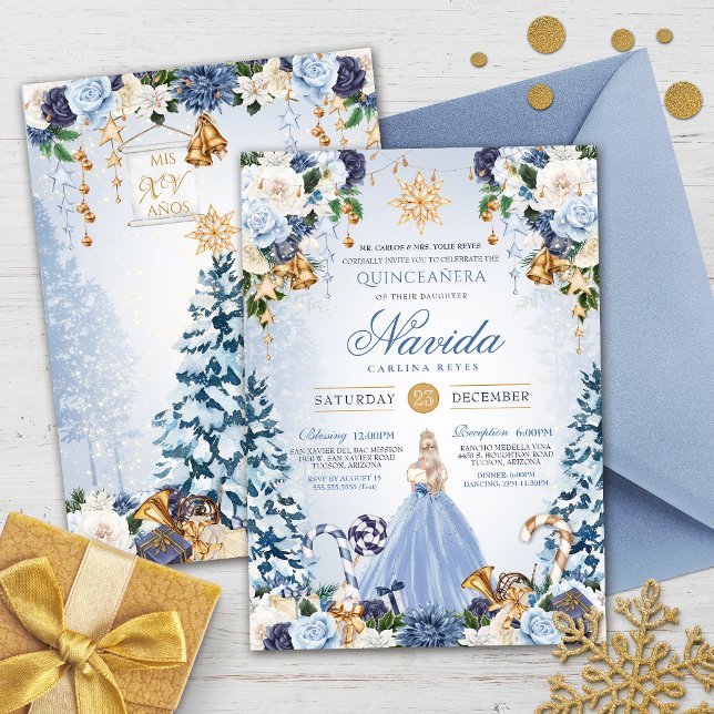 Winter Wonderland Quinceañera Snowy Blue Blommigt Inbjudningar (Skapare uppladdad)