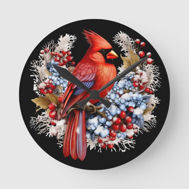 Winter Wonderland Red Cardinal Rund Klocka (Framsida)