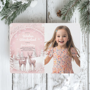 Winter Wonderland Rosa and Hjort Photo Birthday Inbjudningar