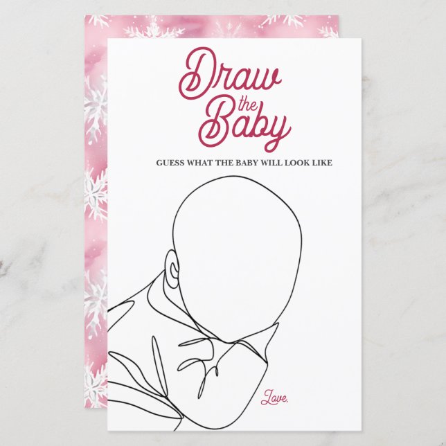 Winter Wonderland Rosa Baby Shower Game Draw Baby (Fram/baksida)