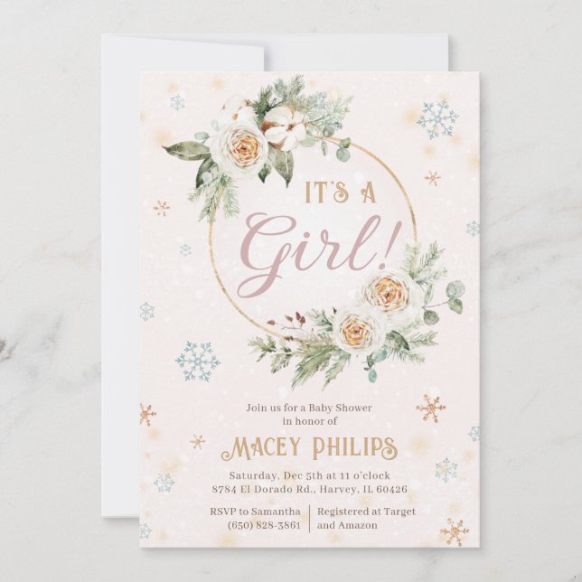 Winter Wonderland Rosa Flicka Shower Sprinkle Inbjudningar (Framsida)