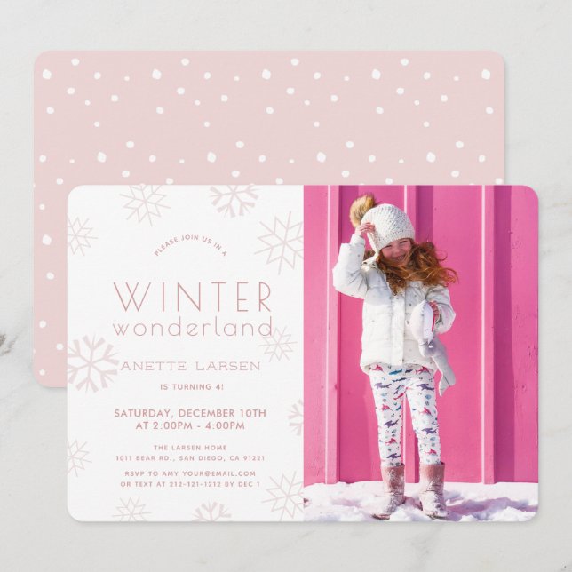 Winter Wonderland Rosa Girl Photo Birthday Inbjudningar (Fram/baksida)