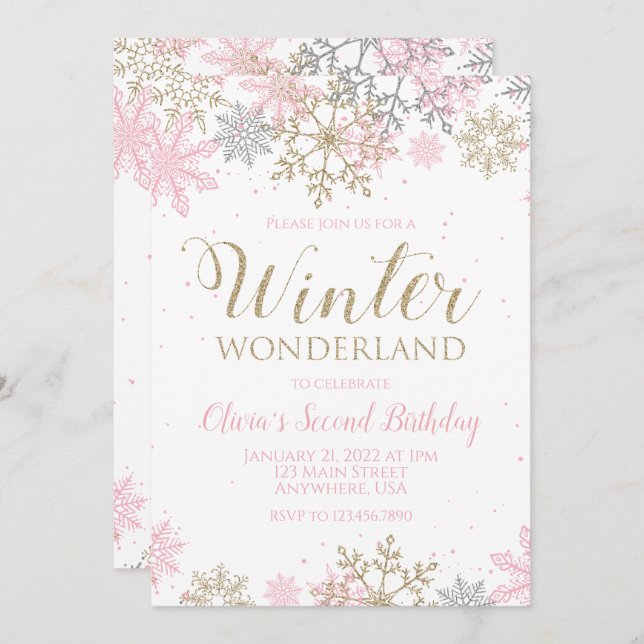 Winter Wonderland Rosa Guld Snowflake Birthday Inbjudningar (Fram/baksida)