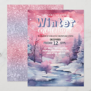 Winter Wonderland Rosa Watercolor med Glitter Inbjudningar