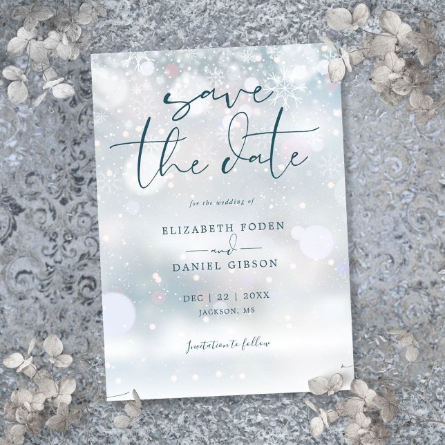 Winter Wonderland Snö Bröllop Spara Datumet (Winter Wonderland Snow Wedding Save The Date)