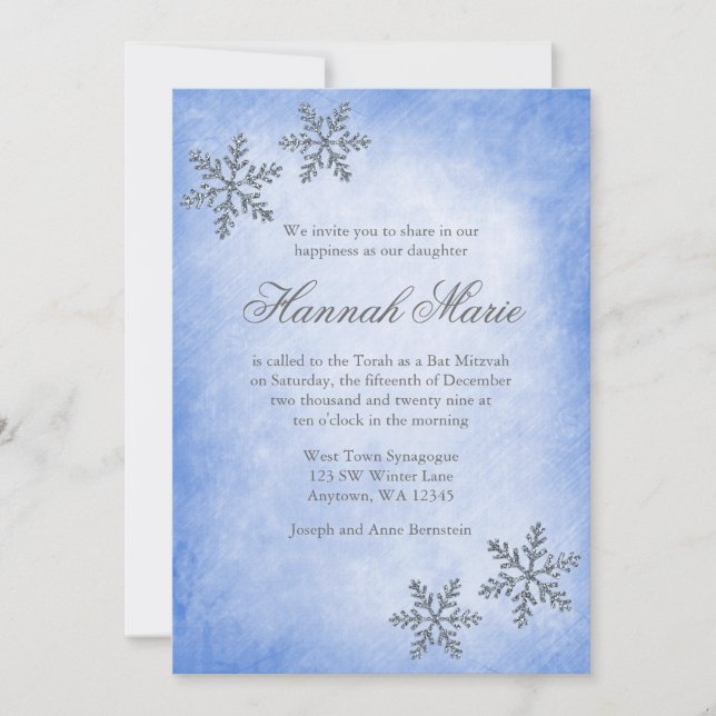 Winter Wonderland Snöflingor Blue Bat mitzvah Inbjudningar (Framsida)