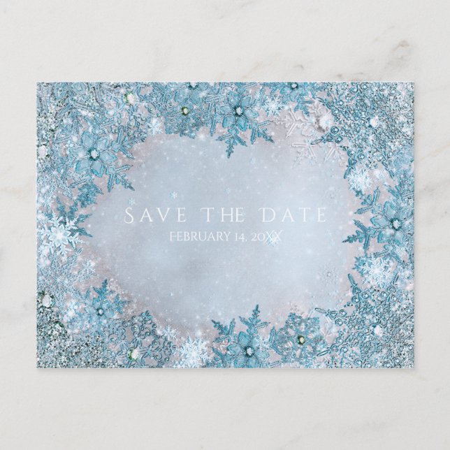 Winter Wonderland Snöflingor Blue Save Date Meddelande Vykort (Framsida)