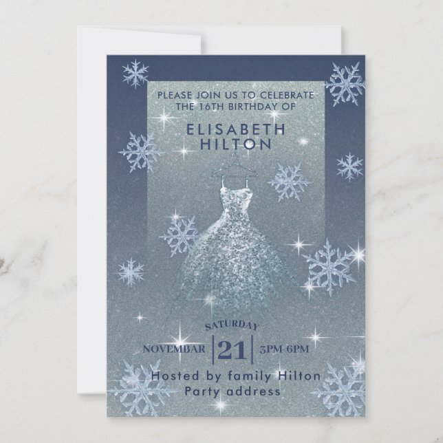Winter wonderland snöflingor dress sweet sixteen inbjudningar (Framsida)