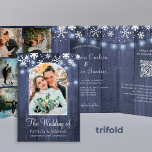Winter wonderland snöflingor foto QR OSA bröllop<br><div class="desc">Chic: Den roliga vinterbudgeten för snyggten vid bröllop, allt i en trefaldig inbjudan till fotokollage med skanning QR CODE till onlinens OSA och uppgifter om mörk vid midnatt, marinblått laduvirke från snöflingor gräns och bindväv från tvilling ljus. * Inbjudan är lämplig för den moderna eleganten land vinterbergssluttningar i. Enkel att...</div>
