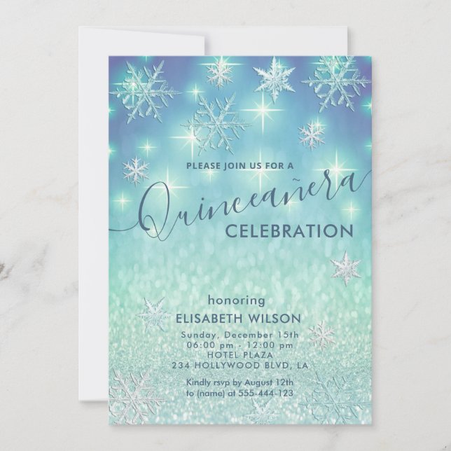 Winter wonderland snöflingor glitter Quinceañera Inbjudningar (Framsida)