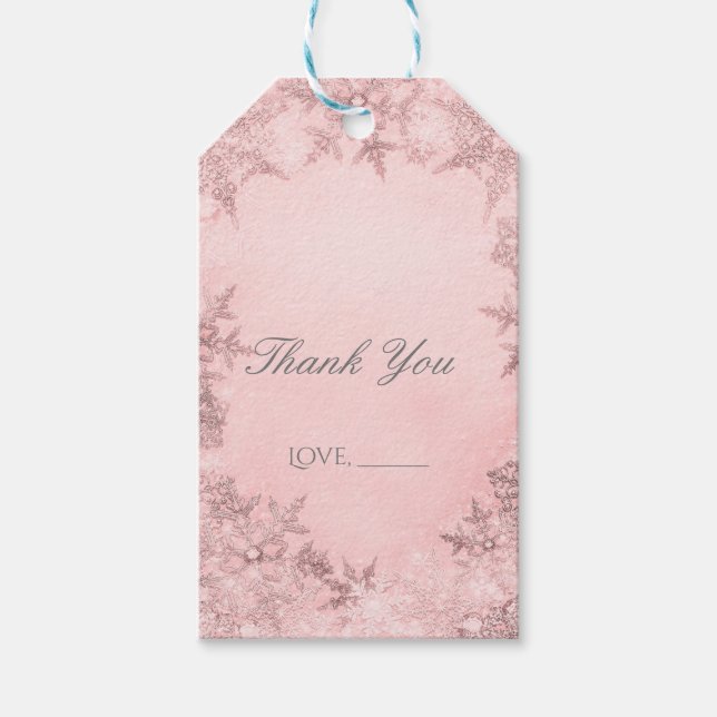 Winter Wonderland Snöflingor Rosa Elegant Party Presentetikett (Framsidan)