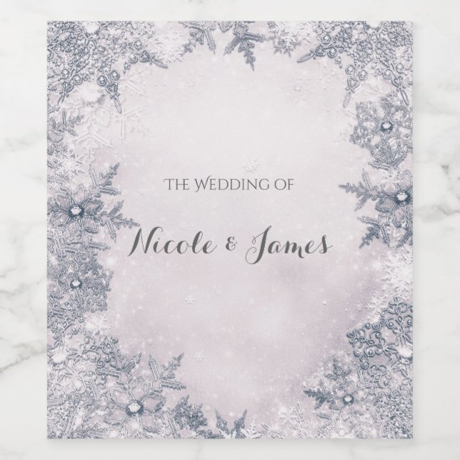 Winter Wonderland Snöflingor White Elegant Vin Vinflaska Etikett (Singel etikett)