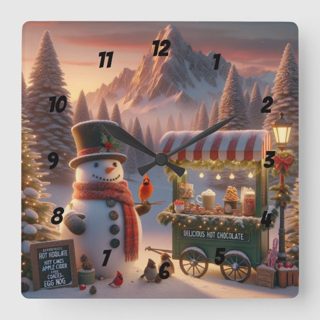 Winter Wonderland Snögubbe Hett Chocolate Cart Fyrkantig Klocka (Framsida)
